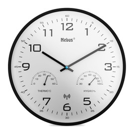 Mebus Modern Radio Wall Clock with Temperature Display and Humidity, 30 cm, Radio-Controlled Clock, Living Room, Kitchen Clock, Model: 52840, Colour: Black