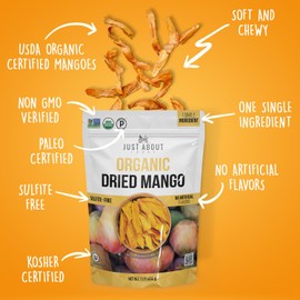 Just About Foods Organic Dried Mango, No Sugar Added, No Preservatives, Soft and Chewy, Healthy Snack, Gluten-free, Non-GMO, Paleo & Kosher Certified, 1 LB, Single Ingredient