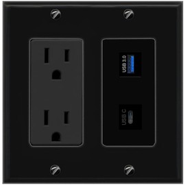 RiteAV 15A Power Outlet 1 Port USB-3 1 USBC Jack Decorative Wall Plate [Black]