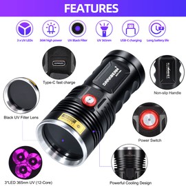 DARKBEAM UV Flashlight 365nm Black Light, Blood Tracking Flashlight Rechargeable, Powerful 36W Woods lamp Blacklight LED Ultraviolet for Uranium Glass, Rock Hunting, Dog Urine Detector, Resin Curing