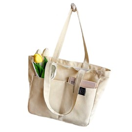 SensaBliss Canvas Tote Bag with Zipper, A4 Size, Large Capacity, Many Pockets, Durable, Shoulder Strap, Sailcloth, Shoulder Bag, Solid Color, for Shopping, Commute, School, Travel, Unisex, Large