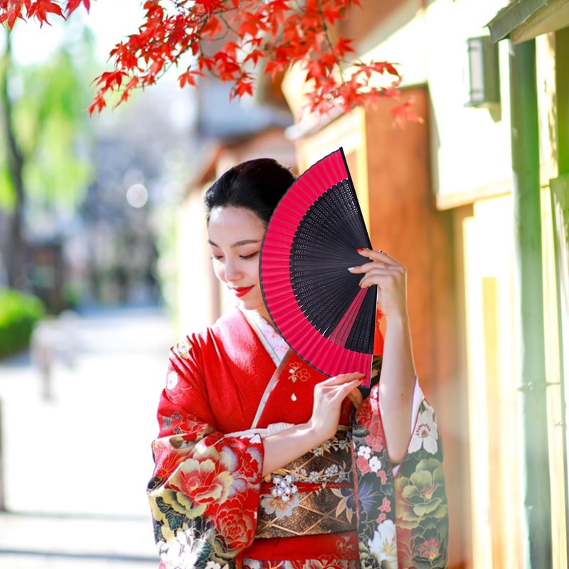 YaoooosF Black Bone Red Fan, Openwork Carved, Luxury Fan, Plain