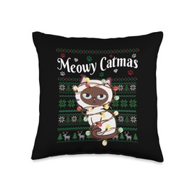 G2T Funny Christmas Outfit Meowy Catmas Cat Fairy Xmas Light Ugly Christmas Sweater Throw Pillow, 16x16, Multicolor