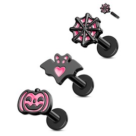 CM Crareesi Mania Pumpkin Helix Stud Earrings 3PCS Halloween Flat Back Earrings 16G Black Cartilage Earring 316L Surgical Steel Internally Threaded Black Labret Conch Tragus Studs