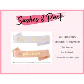 Bride to Be Sash and Veil Set (18 Pieces), 1 x White Bride to be Sash + 7 x Rose Gold Team Bride + Veil + Tiara + 8 x Tattoos, Hen Party Accessories for Hen Do Party, Bridal Shower