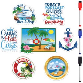 Cruise Door Decorations Magnetic, 7 Pcs Tropical Beach Cruise Door Magnets Set, Fun Nautical Vacation Magnetic Ship Cabin Signs Fridge Magnets Decor with 3 Pcs Pens
