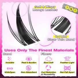 wiwoseo Manga Lash Clusters Manga Eyelash Clusters Anime Cluster Eyelash Extensions Clusters Lashes Clear Band Cluster Eyelashes Fairy Lash Clusters Manga Individual Lashes for Beginners (8-16MM)