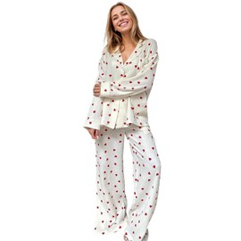 Joyesplay Women's Cotton Pajama 2-Piece Set with Cute Heart Print Pajama,Comfortable Home Long Sleeve and Long Pants, 2-Piece Sleepwear Kit (AU, Alpha, One Size, Regular, Regular, XL)