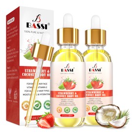 BASSI 2PCS Organic Coconut Oil Strawberry Moisturizing Body Oil with Vitamin E, Bath Oil for Dry Skin Hydrating, Body Oil, Relaxing Massage Hair, Carrier Oil, 2 fl oz/pc