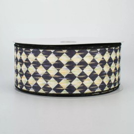 2.5" Harlequin wired ribbon black cream canvas court jester diamond 5 yards