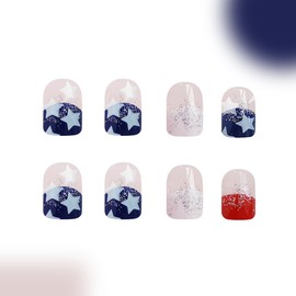 24Pcs Independence Day Press on Nails Short Square Fake Nails Red Blue White Five-pointed Star Design, Glossy Silver Glitter False Nails Gel Glue on Nails 4th of July Manicure Stick on Nails for Women