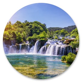 Muralo Sticker Circle Waterfall Trees Green Sky Nature Landscape 3D Wall Decoration Sticker for Living Room Bedroom Office Width 100 cm x Height 100 cm