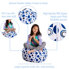 Posh Stuffable Kids Stuffed Animal Storage Bean Bag Chair Cover - Childrens Toy Organizer, Medium 27" - Canvas Bubbles Blue and White