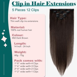 Rich Choices 5Pcs Hair Extensions Clip in Real Hair 100% Remy Human Hair Extensions Clip in Natural Straight Hair Invisible Clip in Hair Extensions 14 Inch Dark Brown (60g Thin Weft)
