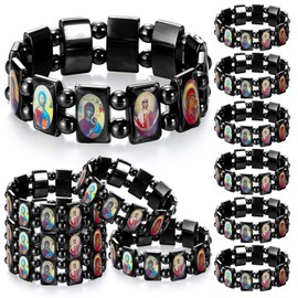 Landical 12 Pcs Orthodox Religious Hematite Bracelet with Saints Christian Elastic Bracelet with Holy Icons Black Prayer Greek Orthodox Gifts