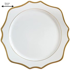 Decor Essentials Ceramic Scalloped Edge Gold Rimmed Charger Plate Dinnerware Party Table Setting Christmas Wedding Event Decor (White/Gold)