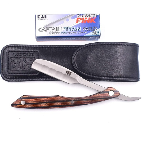 Kai Kasho Captain Woody Professional Folding Japanese Straight Edge Barbering Razor with Leather Case, Compatible with Feather Artist Club and Kai Captain Blades, 20 Kai Captain Titan Blades Included