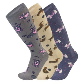 Ladies Design Wellington Boot Socks (3 Pairs) Women's Cotton Rich Breathable Welly Socks - Festival Walking Hiking Thermal Socks - Striped Cats Dogs Horses Animal Designs - UK Shoe Size 4-8