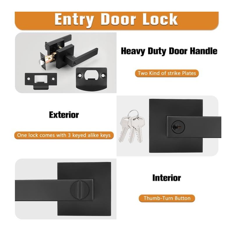 Probrico Keyed Alike Black Door Handle, Heavy Duty Flat Square