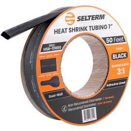 SELTERM 1" Black [50 Feet] Marine Grade Heat Shrink Tubing Roll, 3:1 Ratio Dual Wall Adhesive Lined Waterproof Heat Shrink Wrap Tube, for Battery Cable Lugs Wire Terminals Connectors