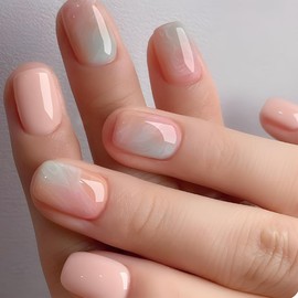 Short Square Press on Nails Pink Marble Fake Nails Glossy Acrylic Nails with Ombre Design Cute False Nails Squoval Full Cover Glue on Nails for Women Girls Manicure Art 24 Pcs