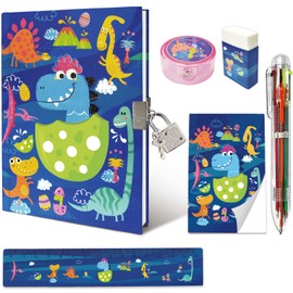 GINMLYDA Set of Secret Diary for Boys, 6Pcs Gifts Stationery Set for Boys incl. Dinosaur Diary with Lock 6 Multicolor Pen Memo Ruler Eraser Sharpener Kids Notebook for Boys