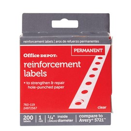 Office Depot Permanent Self-Adhesive Reinforcement Labels, 1/4in. Diameter, Clear, Pack of 200, OD98779