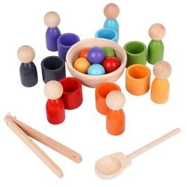 Pelotas en tazas, juguete Montessori, juego de clasificador de madera, muñecas de madera en tazas, bolas coloridas, muñecas y platos, clasificación de color, aprendizaje preescolar, educación, juguetes de habilidades motoras finas para niños pequeños