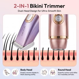 Bikini Trimmer for Women- 2-in-1 Electric Razors for Women, IPX6 Waterproof Bikini Shaver with Ceramic Blade, Dual Head Body Hair Trimmer for Underarm, Face, Legs