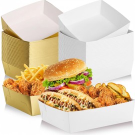 50 Pcs 5 Lb Extra Large Paper Food Tray Disposable, White,Gold