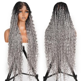 SuperNova #Gray 36" Full Lace Bohemian Box Braided Synthetic Wig, Premium Quality, Wavy, Lightweight & Natural Look - Ideal for a Stylish Hair Transformation - Hair Color: #OT1B/Gray