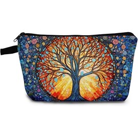Stained Glass Magical Tree Makeup Bag Cute Small Organizer Bag with Zipper World Tree Print Cosmetic Bag Fancy Tree Birthday Presents for Women Friends Sisters BFF