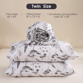 JSD Boho Floral Sheet Set Twin Size, 3 Piece Grey Herbs Ferns Printed Microfiber Bed Sheets Deep Pocket