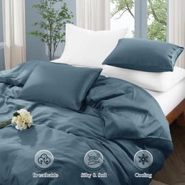 Horbaunal Tencel Lyocell Duvet Cover Queen Size 3 Piece - Denim Blue Silky Cooling Duvet Cover Set for Hot Sleeper - Natural Eucalyptus Lyocell Fiber - Breathable & Ultra-Soft Bedding Set - 90" x 90"