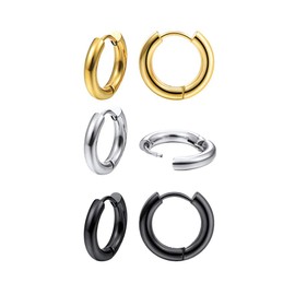 3 Pairs Stainless Steel Hoop Earrings 10mm Huggie Hoops Hypoallergenic Earrings Set for Women (Silver, Black, Gold