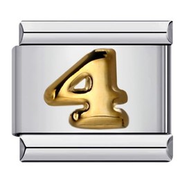 4 Four Number Age Birthday Birth Month Date Anniversary Gold Silver Italian 9mm Link Stainless Steel Bracelet Charm Compatible With Nomination 9mm Bracelet