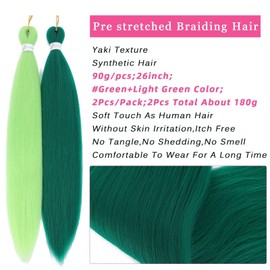 Green+Light Green Braiding Hair Pre Stretched 26inch 2Packs Pre-Stretched Braiding Hair For Braids,Itch Free Yaki Texture,Hot Water Setting Synthetic Hair Extensions(Green+Light Green)