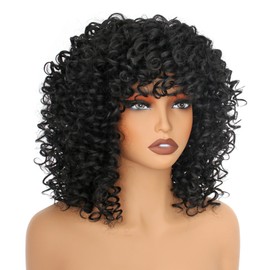 PORSMEER 14inch Black Curly Wigs for Women,Short Kinky Afro Curly Wigs with Bangs Natural Soft Bouncy Fluffy Heat Resistant Synthetic Hair Wig 70s for Daily or Party