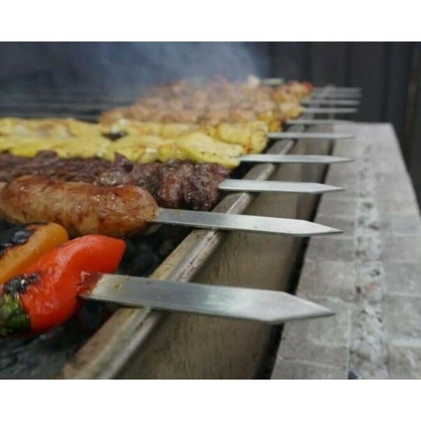 SDMAX Long BBQ Barbecue Skewers, Wooden Handel Set of 2 4 6 8 12BBQ Grilling Kebab Skewers Flat Reusable Metal Skewer Sticks for BBQ, Cocktail, Shish Kabob, Party Essentials, 58CM Long (Pack of 6)