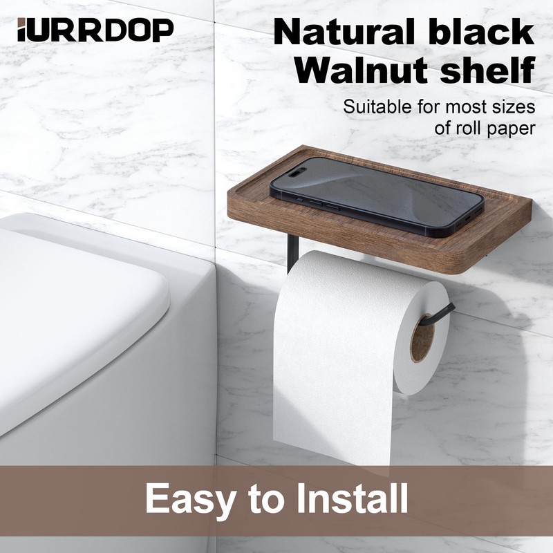IURRDOP Toilet Paper Holder with Black Walnut Wood Shelf, Wall