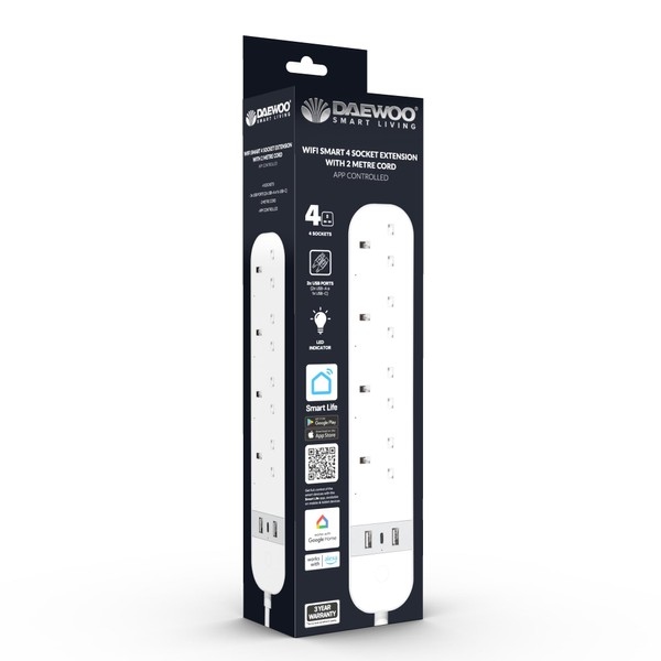Daewoo Smart Extension Lead, 4X 13A Sockets, 2X USB A,