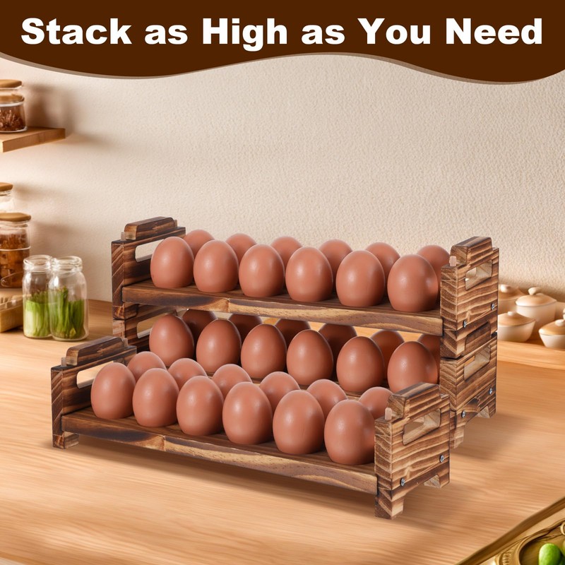 Egg Holder Countertop, 3-Tire Solid Wooden Egg Holder, Stackable Egg