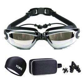Yarratech Kit de natación 5 en 1 que incluye gafas de natación + gorro de natación + clip nasal + tapones para los oídos Conjunto de bolsa de natación para hombres y mujeres adultos y niños (Negro)