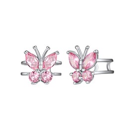 Pink Ear Cuff 925 Sterling Silver Double Line Design Non Piercing Cartilage Earrings Beautiful Pink Butterfly Wrap Earrings for Women Girls