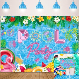 Pool Party Backdrop Hawaiian Beach Ball Palm Flower Photography Background Cartoon Swimming Pool Banner Summer Vacation Aloha Party Decorations (8x6FT（240x180cm）)