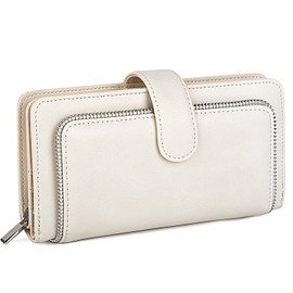 UTO Women's PU Leather Wallet Large Capacity 15 Card Slots Smartphone Holder with Snap Closure, Cream, coin bag