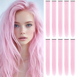 TOFAFA 22 Inch Colored Hair Extensions, Multi-colors Party Highlights Clip in Synthetic Hair Extensions for Girls Women Kids Favor Gift(10 PCS Light Pink)