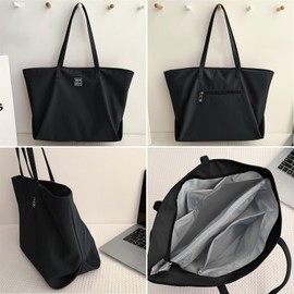 MAYMOONER Black Tote Bag with Zipper Women Nylon Shoulder Bag Big Capacity Casual Handbags for Work School