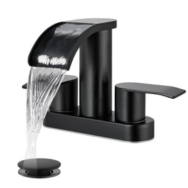 gotonovo 4 Inch Centerset Waterfall Bathroom Sink Faucet Deck Mount 2 Handle Basin Faucets 2 or 3 Hole with Pop Up Drain Included Lavatory Modern Mixer Tap Vanity Faucet Matte Black