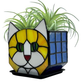 Entlityful Stained Glass Cat Planter Pot with Drainage and Tray, Perfect for Succulents and Indoor Plants, Ideal Plant Gifts for Women and Orange Cat Lovers 4.6x5.15x3 in （Excluding Plants）